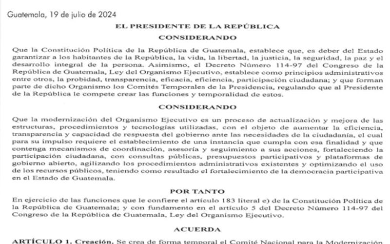 Acuerdo Gubernativo 106-2024 Comité de Modernización del Organismo Ejecutivo