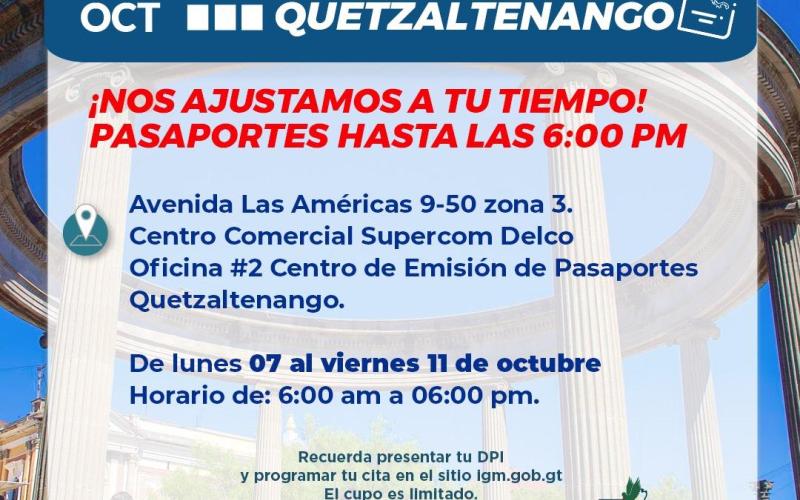 Migración atenderá de 6:00 a 18:00 horas, extendiendo su jornada del 7 al 11 de octubre Quetzaltenango