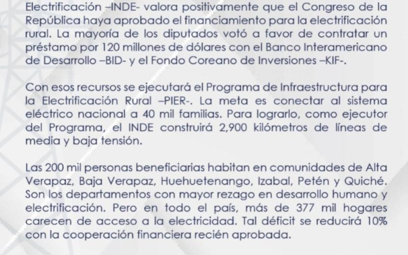 Comunicado oficial del INDE tras aval de Diputados en el financiamiento para electrificación rural.