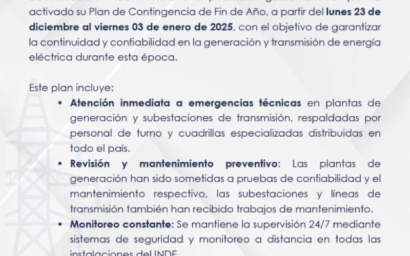 Comunicado oficial INDE activa su Plan de Contingencia por temporada de fin de año 2024.