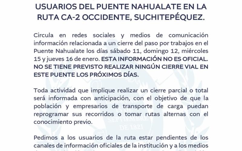 ¡ATENCIÓN! USUARIOS DEL PUENTE NAHUALATE EN LA RUTA CA-2 OCCIDENTE, SUCHITEPÉQUEZ. 