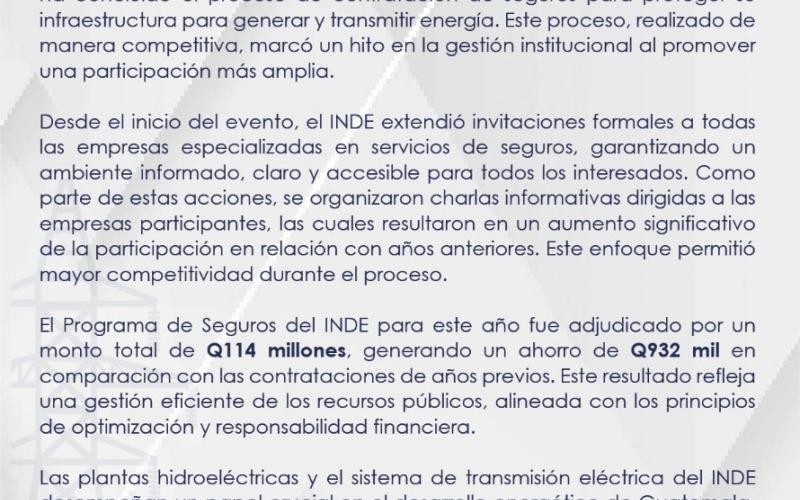El programa de Seguros del INDE para este año fue adjudicado por un monto total de Q114 millones