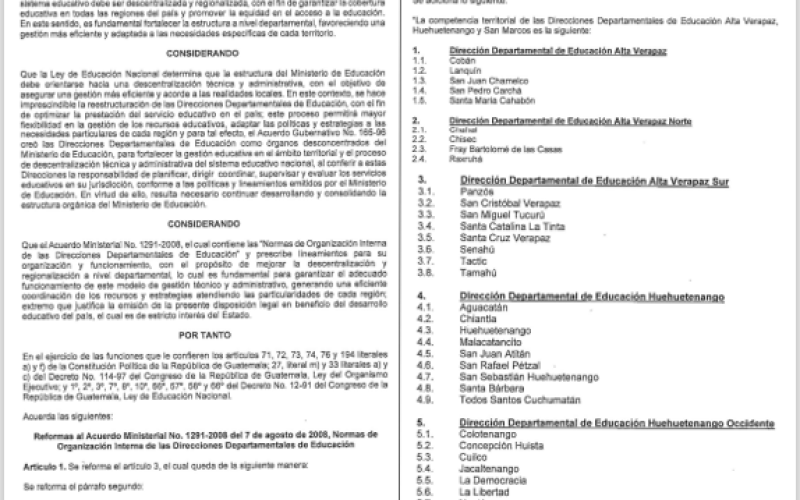 Reformas al Acuerdo Ministerial No. 1291-2008 del 07 de agosto 2008 Normas de Organización Internas de las Direcciones Departamentales de Educación