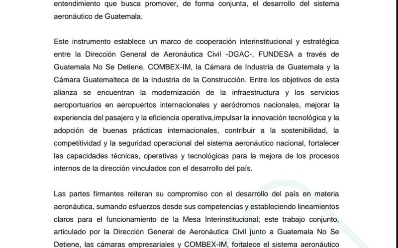 Como autoridad aeronáutica del país, la DGAC lidera este proceso de articulación técnica e institucional, lo que reafirma su compromiso con el fortalecimiento del sistema aeronáutico guatemalteco.