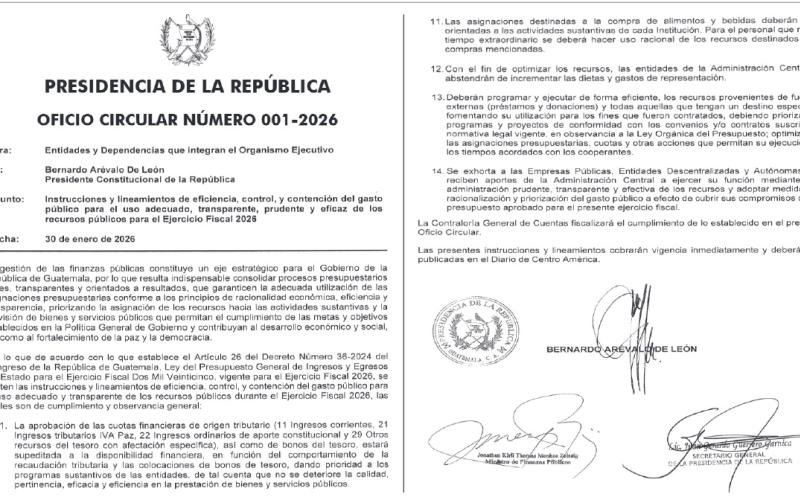 Presidencia emite lineamientos para contención del gasto público en 2026