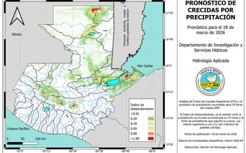 INSIVUMEH publica mapa de índice de crecidas repentinas para el 18 de marzo de 2026