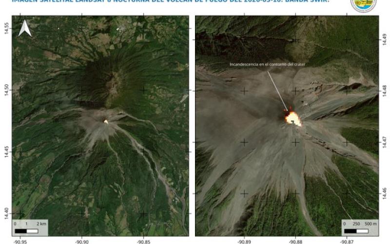 INSIVUMEH comparte imagen satelital nocturna del volcán de Fuego captada por Landsat 8