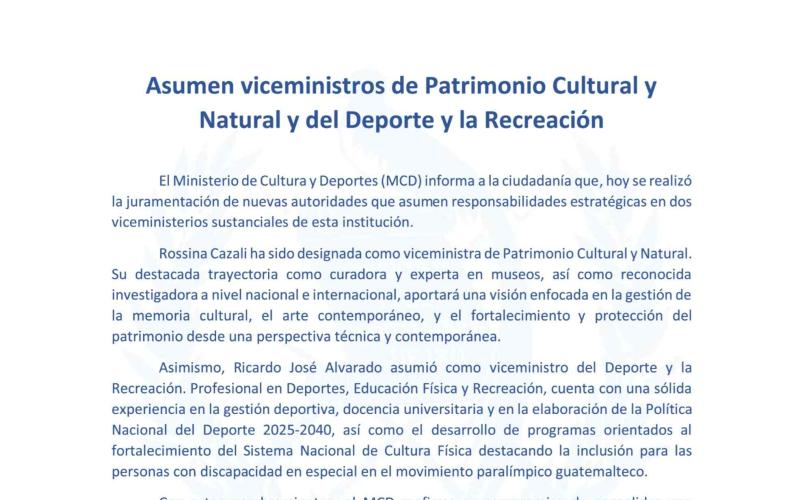Asumen viceministros de Patrimonio Cultural y Natural y del Deporte y la Recreación