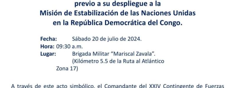 Entrega de la Bandera Nacional al XXIV Contingente de Fuerzas Especiales, previo a su despliegue a la Misión de Estabilización de las Naciones Unidas en la República Democrática del Congo.