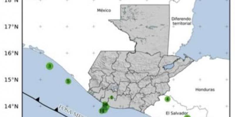 LOCALIZACIÓN GEOGRÁFICA DE 11 SISMOS REGISTRADOS EN LAS ÚLTIMAS HORAS. FUENTE: INSIVUMEH.