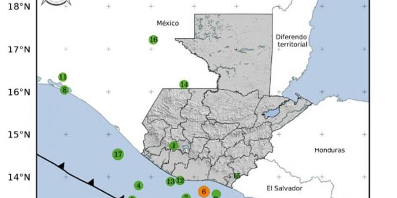 Localización geográfica de 17 eventos sísmicos registrados en las últimas horas. Fuente: INSIVUMEH.