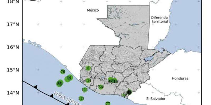 Localización geográfica de 114 sismos registrados en las últimas horas. Fuente: INSIVUMEH. 