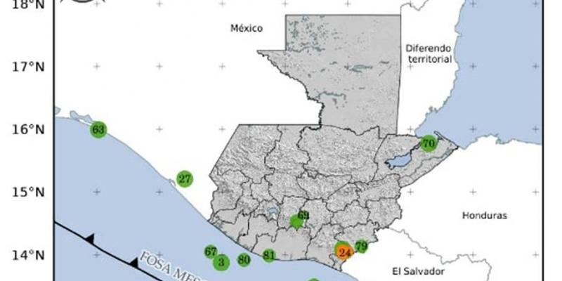 Localización geográfica de los 84 eventos sísmicos registrados en las últimas horas. Fuente: INSIVUMEH.