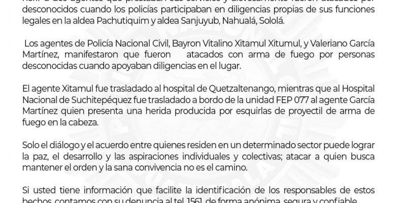 Comunicado: Dos agentes heridos en sector de Nahualá, Sololá