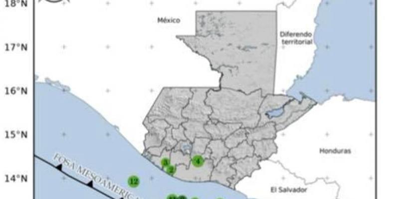 Localización geográfica de los 15 eventos sísmicos registrados en las últimas horas. Fuente: INSIVUMEH.