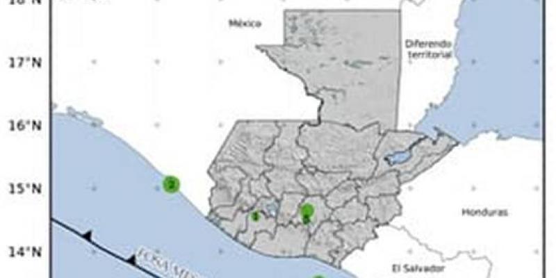 Localización geográfica de los 5 eventos sísmicos registrados en las últimas horas. Fuente: INSIVUMEH.