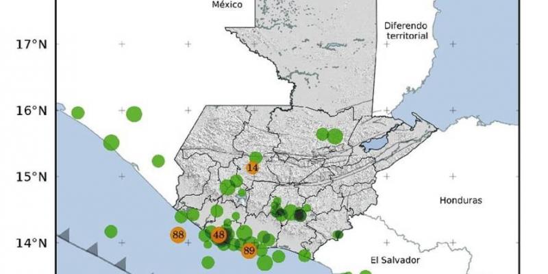 Localización geográfica de los 93 eventos sísmicos registrados en la semana. Fuente: INSIVUMEH.