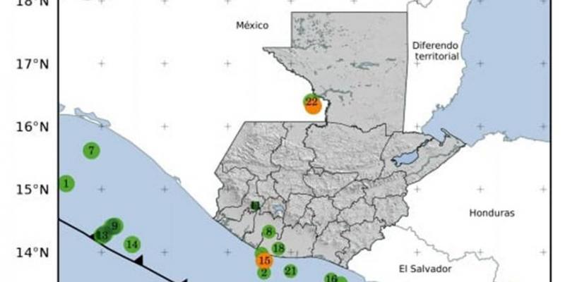 Localización geográfica de los 22 eventos sísmicos registrados en las últimas horas. Fuente: INSIVUMEH.