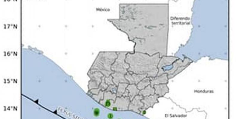 Localización geográfica de los 13 eventos sísmicos registrados en las últimas horas. Fuente: INSIVUMEH.