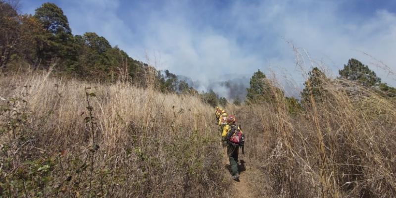 Brigada de Respuesta a Incendios Forestales –BRIF/GUA- de la CONRED se moviliza a un incendio forestal registrado en el departamento de Jalapa.