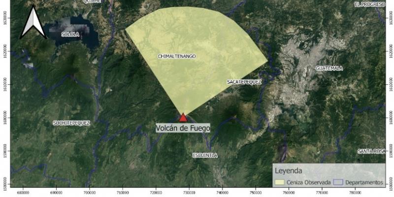 Dispersión de ceniza volcánica. Fuente: INSIVUMEH.