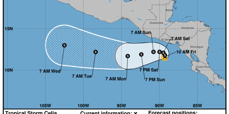 Pronóstico de la trayectoria de la Tormenta Tropical Celia. Fuente: NHC.
