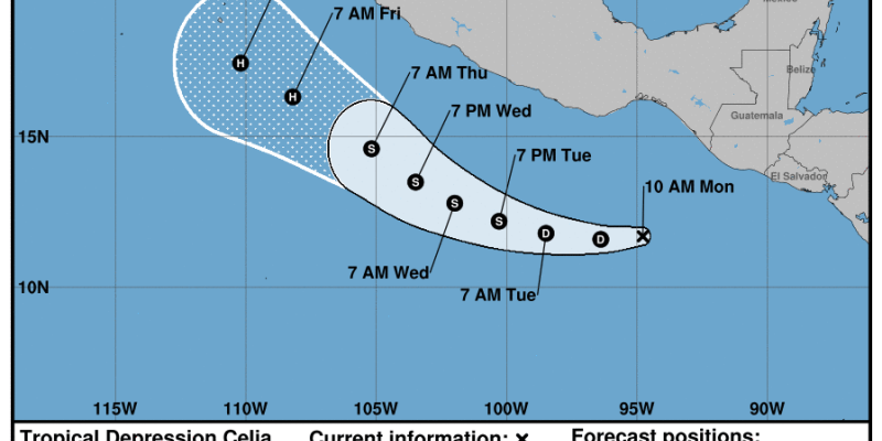 Pronóstico de trayectoria de Celia. Fuente: NHC.