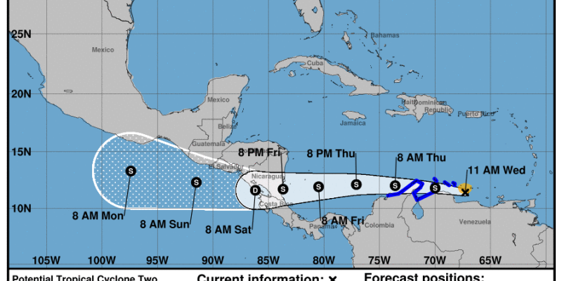 Pronóstico de la trayectoria del Ciclón Tropical Dos. Fuente: NHC.