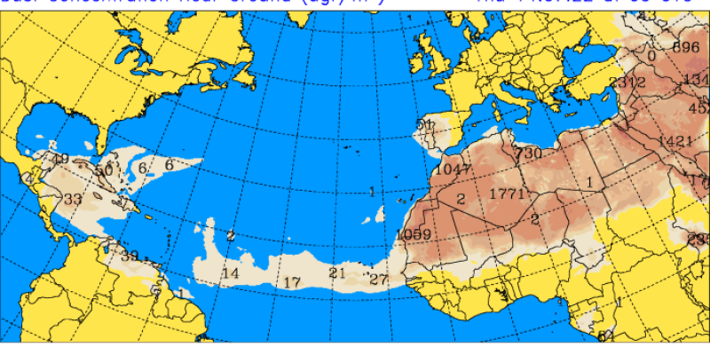 Trayectoria de polvo del Sahara. Fuente: University of Athens. 