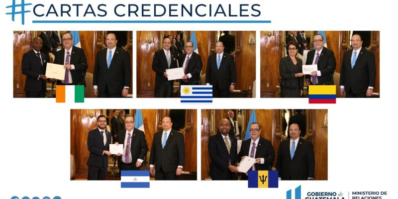 Embajadores de Barbados, Colombia, Côte d'Ivoire, Nicaragua y Uruguay presentan Cartas Credenciales al presidente de Guatemala