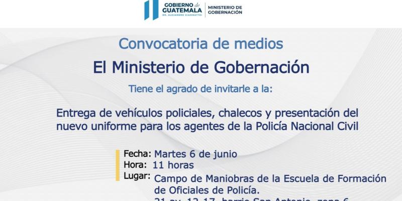 Entrega de vehículos policiales, chalecos y presentación del nuevo uniforme para los agentes de la Policía Nacional Civil