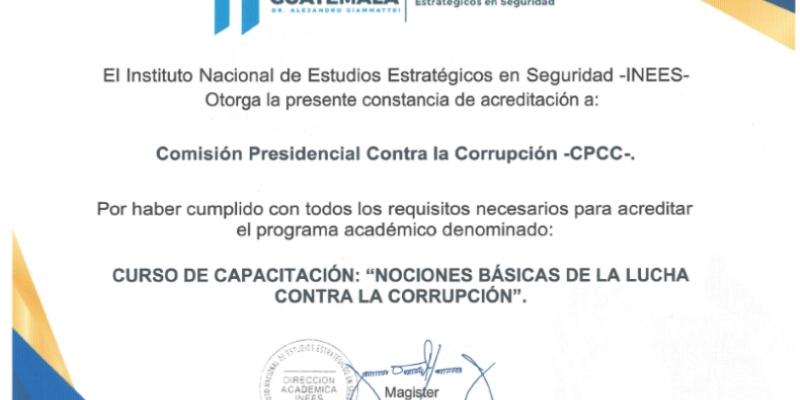 Reconocimiento otorgado a la CPCC por haber cumplido con los requisitos necesarios para acreditar el programa académico del curso de Nociones básicas de la lucha contra la corrupción. 