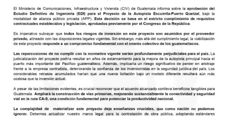 El Ministerio de Comunicaciones, Infraestructura y Vivienda (CIV) de Guatemala informa sobre la aprobación del Estudio Definitivo de Ingeniería (EDI) para el Proyecto de la Autopista Escuintla-Puerto Quetzal, bajo la modalidad de alianza público privada (APP). 