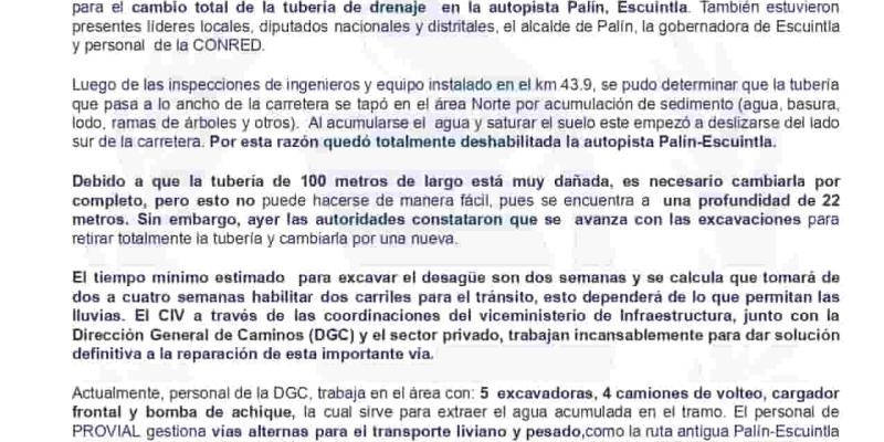  Félix Alvarado, jefe de la cartera de Comunicaciones, Infraestructura y Vivienda (CIV), junto con el  Viceministro de Infraestructura, Alejandro García, supervisaron personalmente las acciones de respuesta  para el cambio total de la tubería de drenaje en la autopista Palín, Escuintla. 
