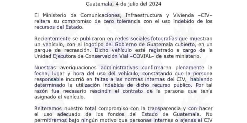 El Ministerio de Comunicaciones, Infraestructura y Vivienda –CIV– reitera su compromiso de cero tolerancia con el uso indebido de los recursos del Estado.