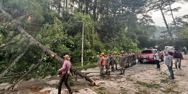 Ejército de Guatemala apoyó descobramiento de árbol que obstaculizaba la carretera que conduce al municipio de San Juan Sacatepéquez.