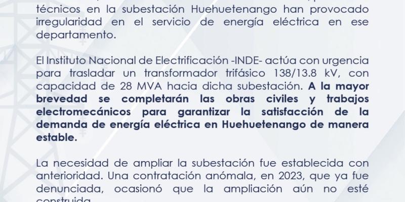 El INDE trabaja para trasladar un transformador trifásico 138/13.8 kV, con capacidad de 28 MVA. 