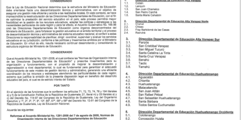 Reformas al Acuerdo Ministerial No. 1291-2008 del 07 de agosto 2008 Normas de Organización Internas de las Direcciones Departamentales de Educación