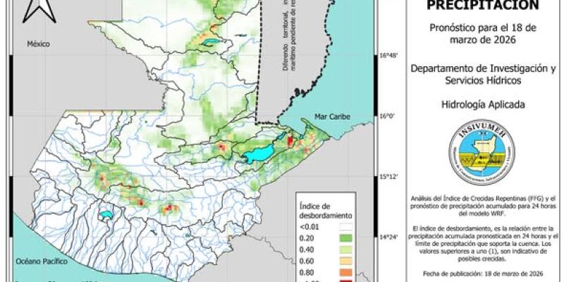 INSIVUMEH publica mapa de índice de crecidas repentinas para el 18 de marzo de 2026