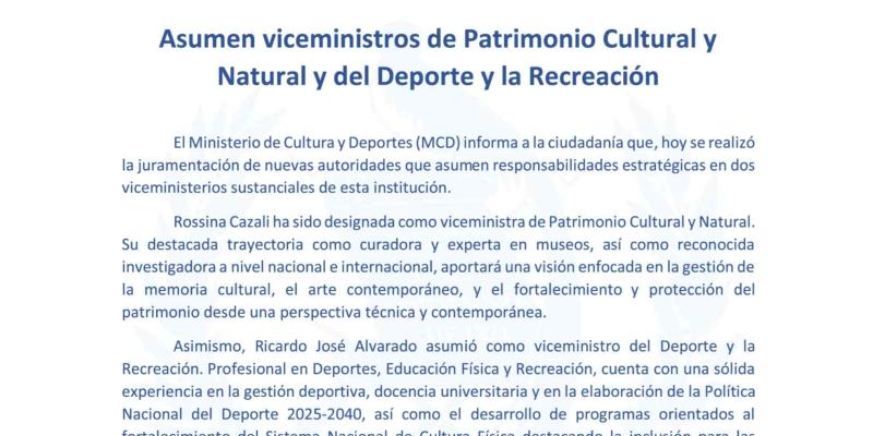 Asumen viceministros de Patrimonio Cultural y Natural y del Deporte y la Recreación